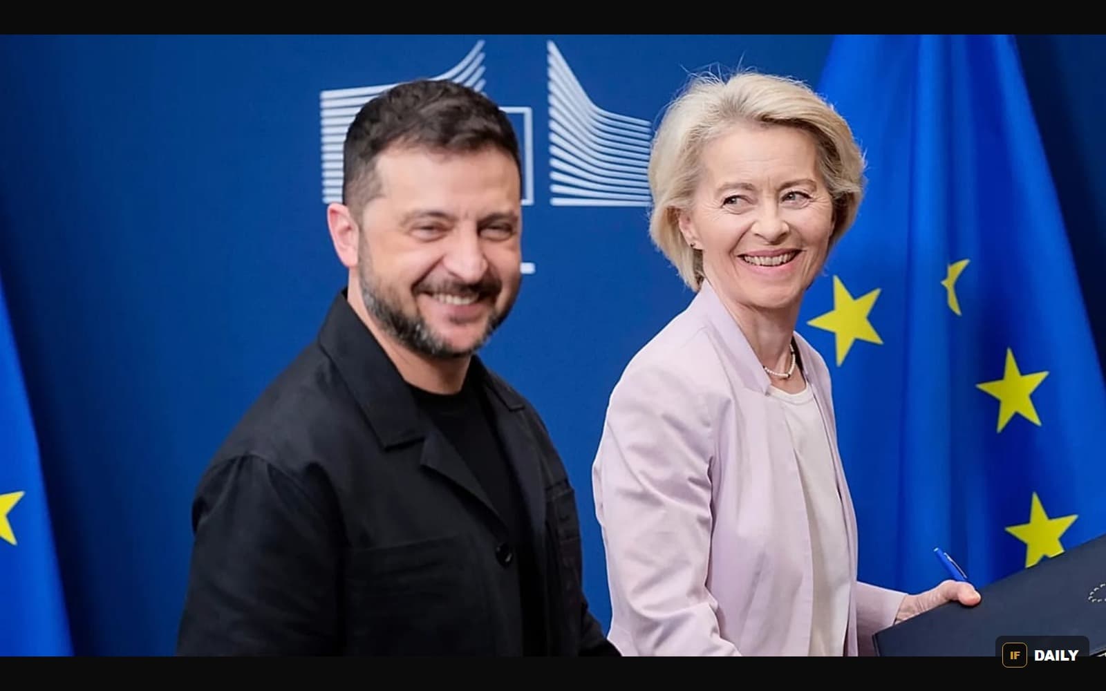 Ukrainian President Volodymyr Zelensky and European Commission President Ursula von der Leyen at a joint appearance
