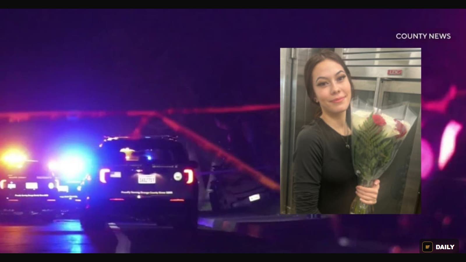A photo of Shalia Deciderio holding a bouquet of flowers, shown alongside a nighttime photo of police vehicles at the crash scene