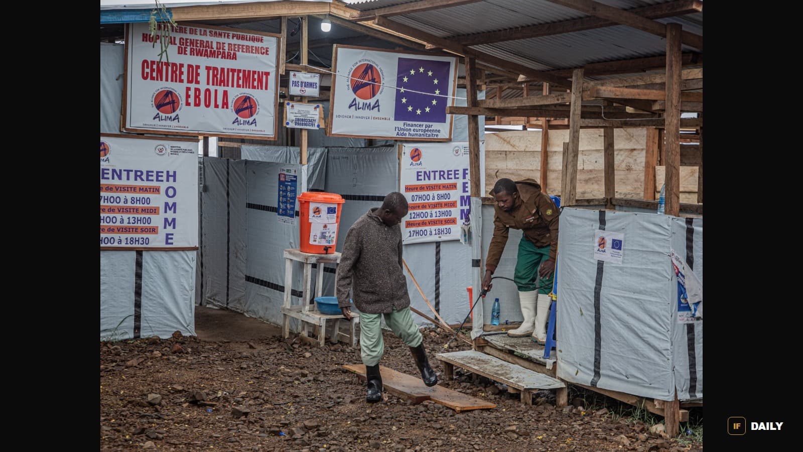 An Ebola treatment center run by the Alliance for International Medical Action, marked with signage in French and an EU humanitarian aid logo